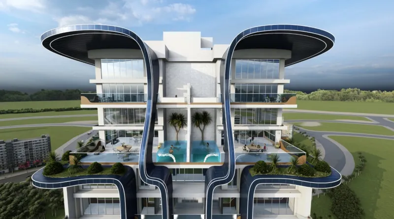 Render of the curved crown of Samana Waves with pool terraces and palm trees