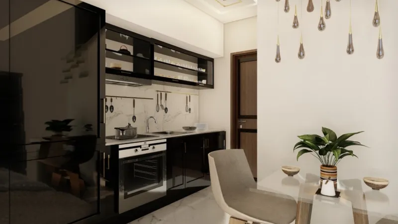Render of a kitchen and dining corner in a Samana Waves apartment