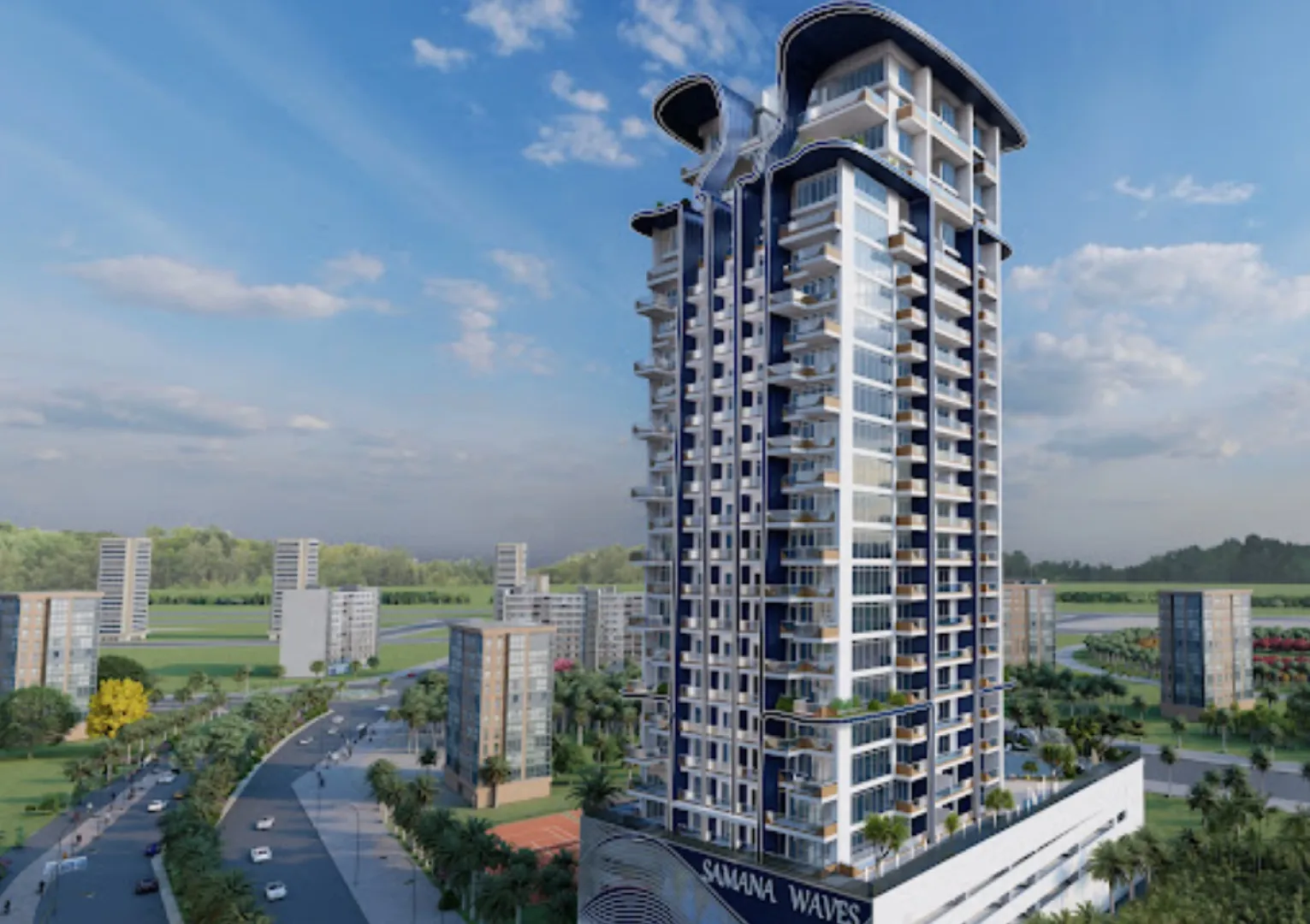 Render of the Samana Waves residential tower in Jumeirah Village Circle by day