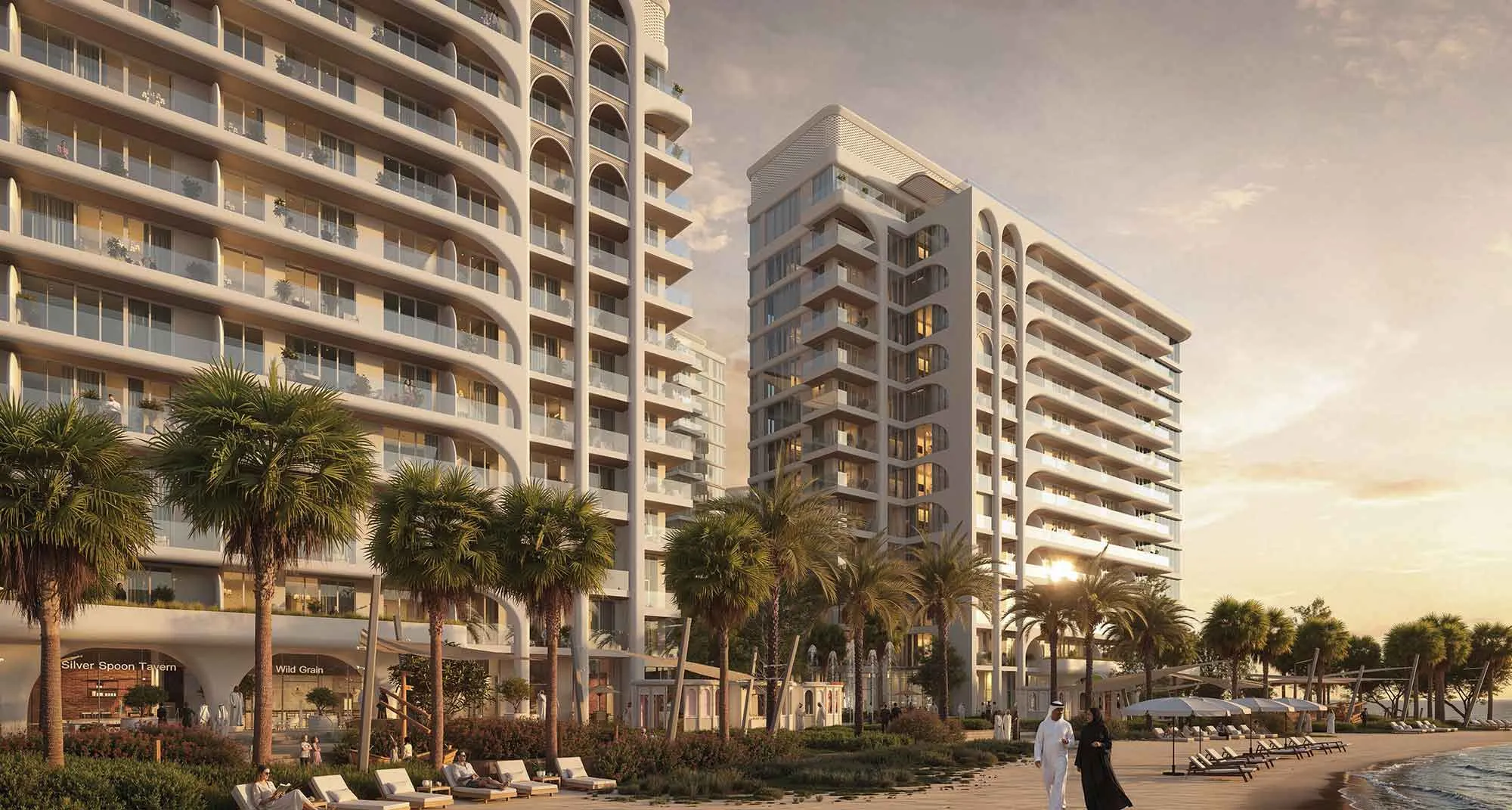 Render of the Seef Residences towers by Alef Group behind the beach and promenade at Al Khan, Sharjah