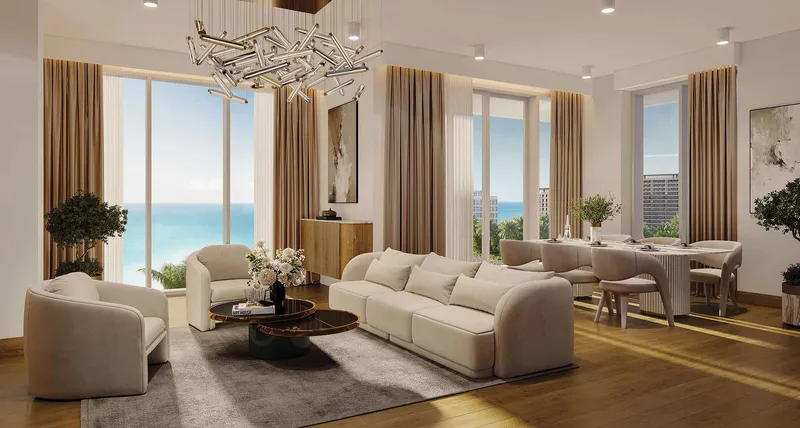 Render of an open living and dining room at Seef Residences with views of the water