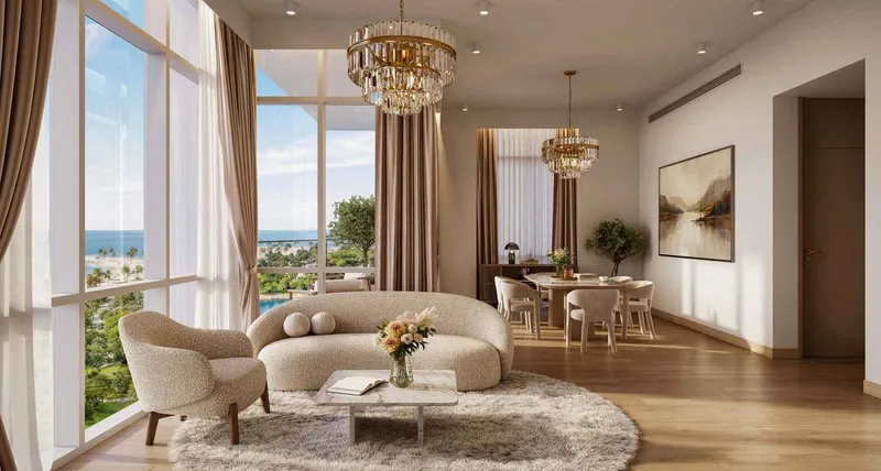 Render of a Seef Residences living room with floor to ceiling windows and a sea view