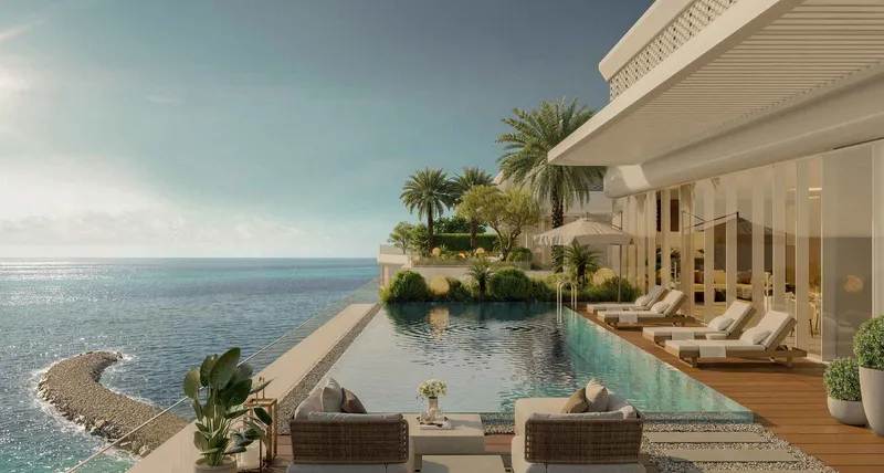 Render of a penthouse terrace with a private pool looking over the sea at Seef Residences