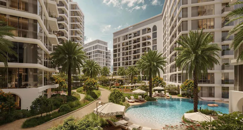 Render of the pool and internal garden between the Seef Residences buildings
