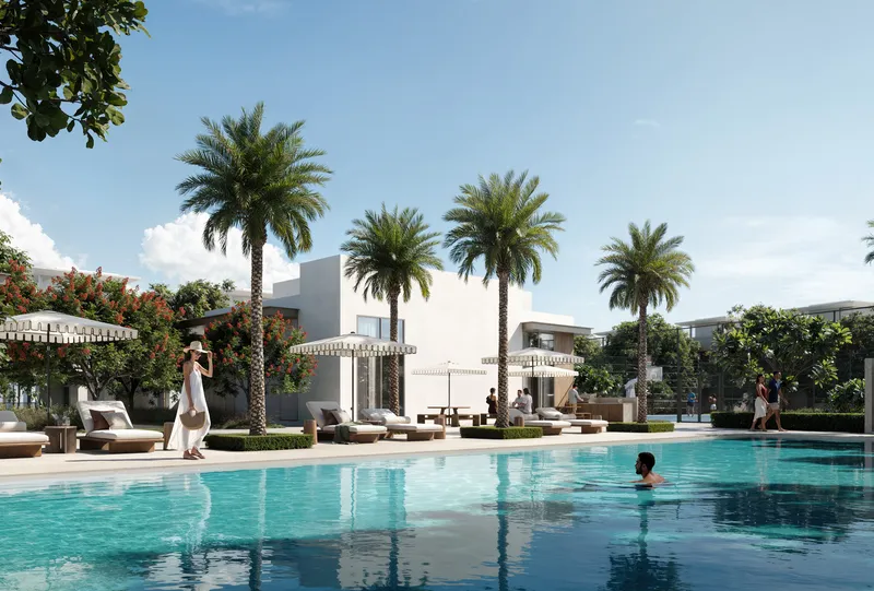 Swimming pool and sun terrace lined with palms at Selvara 3