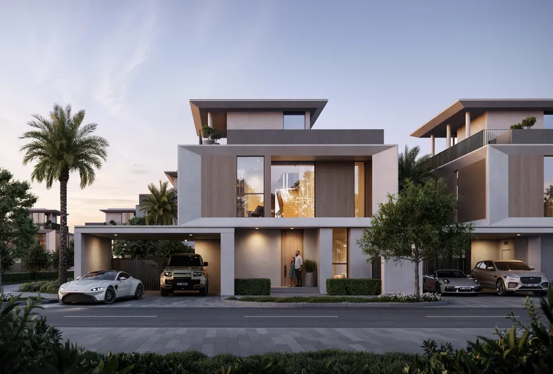 Street elevation of a Selvara 3 villa with covered parking at dusk