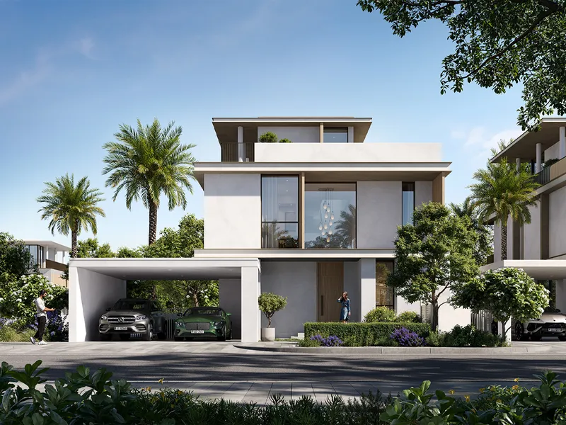 Front elevation of a three-storey Selvara 4 villa with covered parking