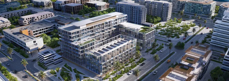 Aerial view of Sensi, a mid-rise residential and retail development on Saadiyat Island (developer render)