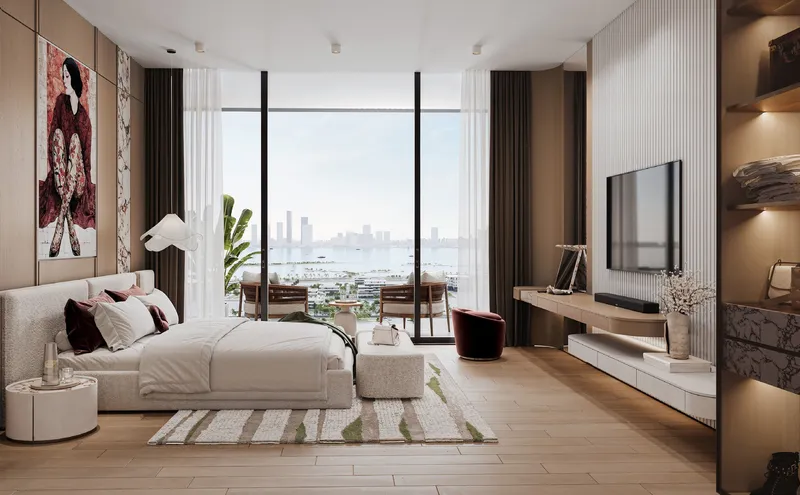Bedroom in a Sensi apartment with floor-to-ceiling glazing (developer render)