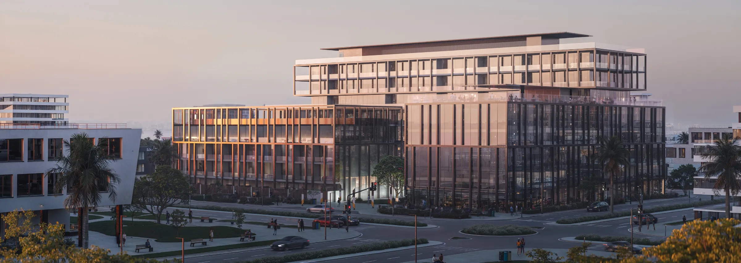 Sensi mixed-use buildings on Saadiyat Island, Abu Dhabi, at dusk (developer render)