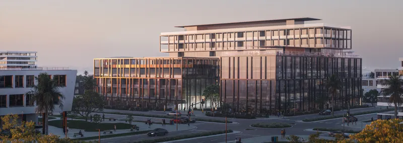 Sensi mixed-use buildings on Saadiyat Island, Abu Dhabi, at dusk (developer render)