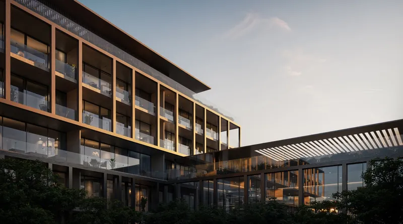 Sensi facade with deep balconies and a pergola above the podium (developer render)