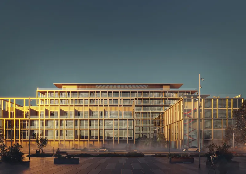 Front elevation of Sensi with a vertical-fin facade, lit at dusk (developer render)