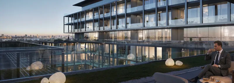 Rooftop terrace at Sensi overlooking Saadiyat Island at dusk (developer render)