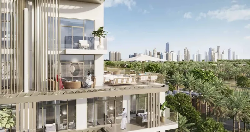 Glass-fronted balconies at Serene Gardens II looking over trees towards the city skyline