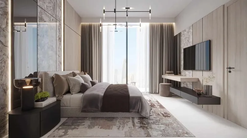 Furnished bedroom with timber wall panelling and a full-height window in a Serene Gardens II apartment