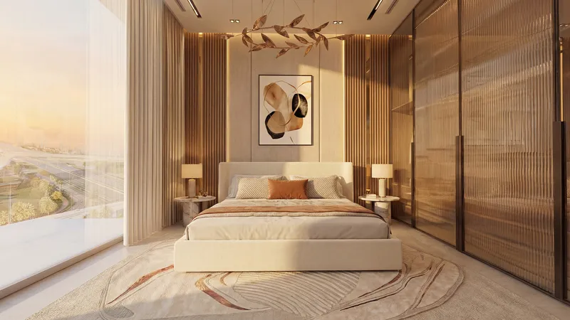 Furnished bedroom with full-height window in a Serenz by Danube apartment