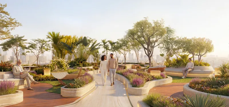 Serenity Garden with planted walkways and seating at Serenz by Danube