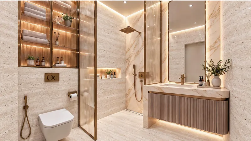 Bathroom at Shahrukhz Residences by Danube with travertine walls, a walk-in shower and bronze fittings