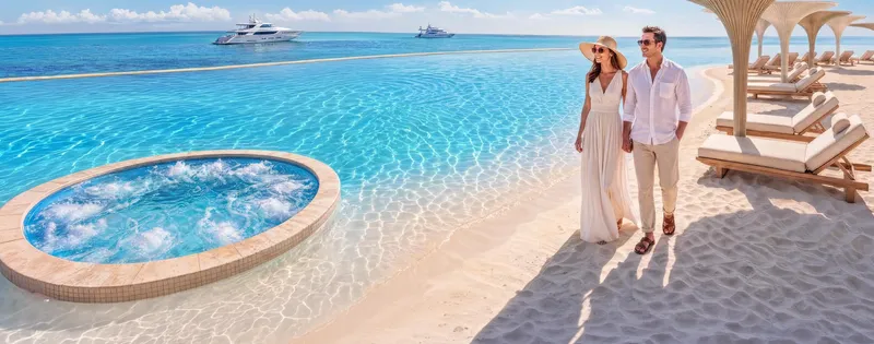 Render of the beach lagoon on the podium deck, with a sandy edge, a whirlpool and loungers