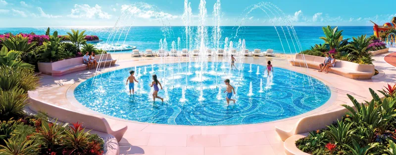 Render of the central fountain plaza on the podium deck