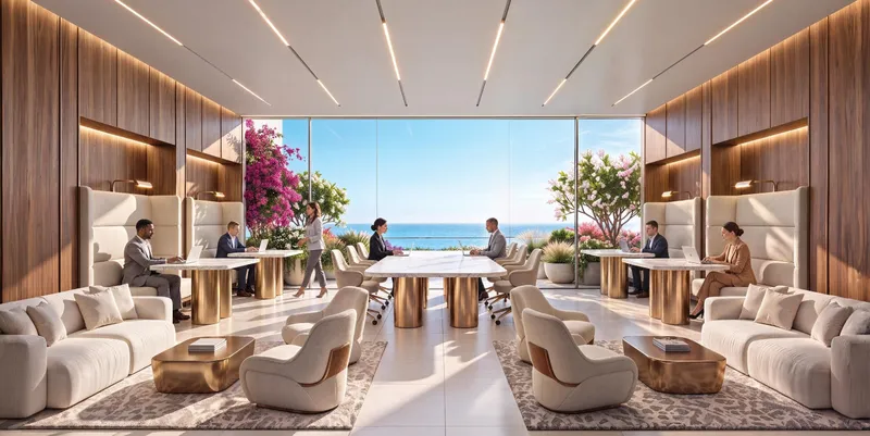 Render of the co-working space with shared tables and lounge seating