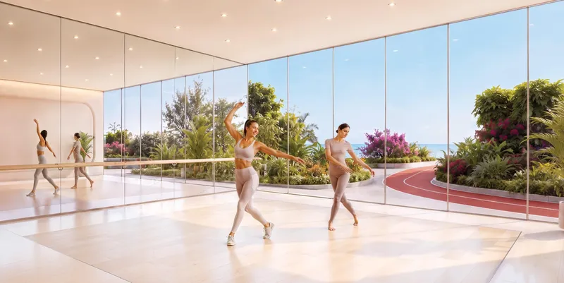 Render of the dance studio with full-height windows onto the gardens