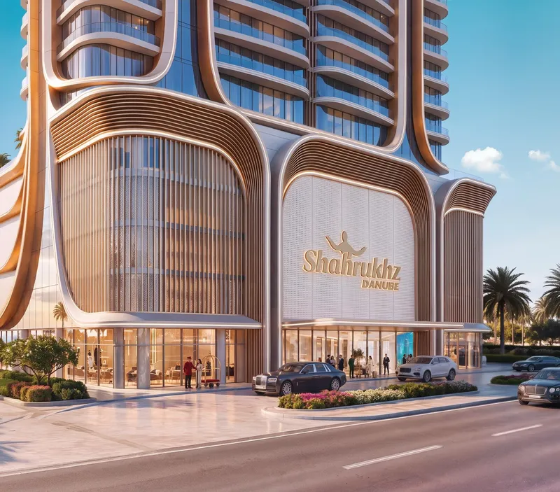 Render of the arrival court and entrance at the base of Shahrukhz Residences