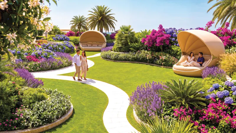 Landscaped garden with shell-shaped cabanas on the podium deck of Shahrukhz Residences by Danube