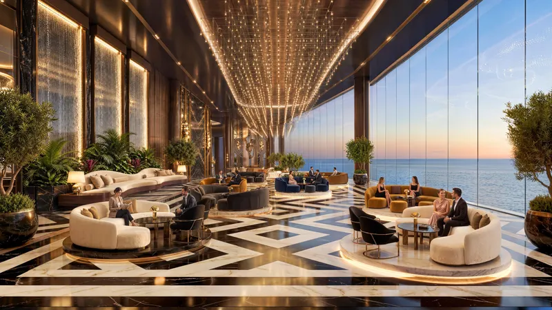 King’s Clubhouse lounge at Shahrukhz Residences by Danube with patterned marble floor and sea-facing glazing