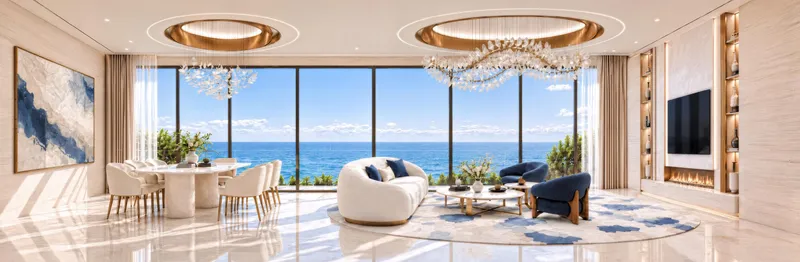 Living and dining room at Shahrukhz Residences by Danube with chandeliers and a sea view
