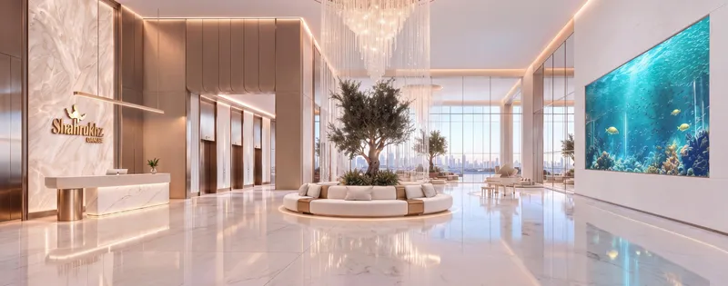 Render of the double-height lobby with a reception desk, lifts and a wall aquarium