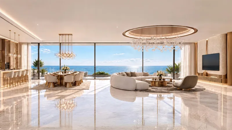 Penthouse living and dining room at Shahrukhz Residences by Danube with full-height glazing facing the sea