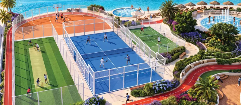Render of the podium sports area with padel, tennis and multi-use courts and a running track