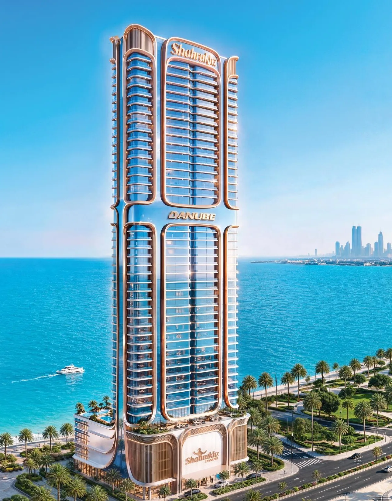 Render of the Shahrukhz Residences tower rising from the Dubai Maritime City waterfront, seen from the sea