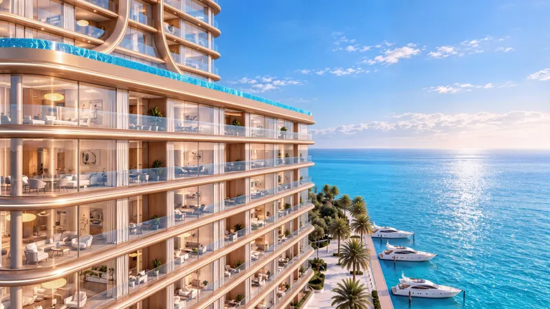 Lower floors of Shahrukhz Residences by Danube with glazed balconies above a palm-lined promenade and moored yachts