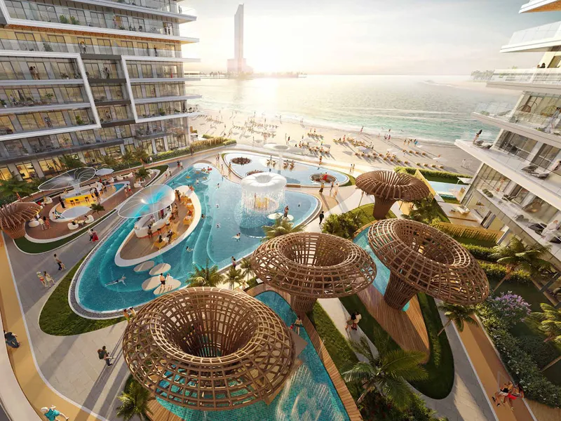 Bamboo installations and pools at Shoreline by DAMAC, looking towards the sea