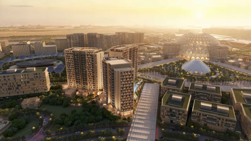 Aerial render of Sidr Residences at dusk with Al Wasl Plaza and Expo City Dubai behind