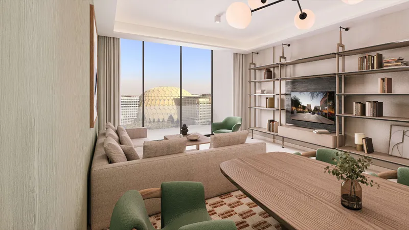 Render of a residents’ lounge at Sidr Residences with a view of the Al Wasl Plaza dome