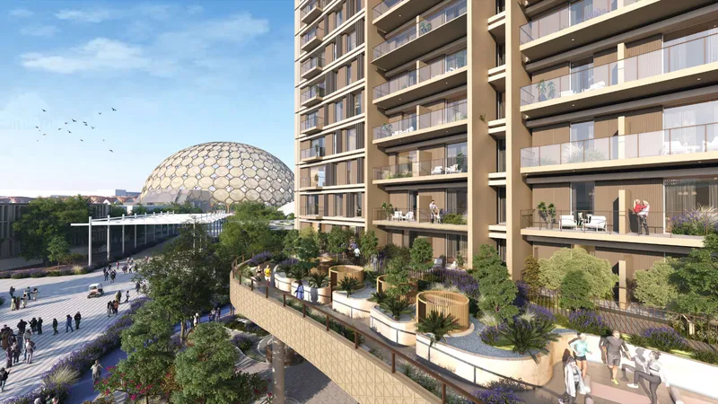 Render of the Sidr Residences podium gardens with the Al Wasl Plaza dome in the background