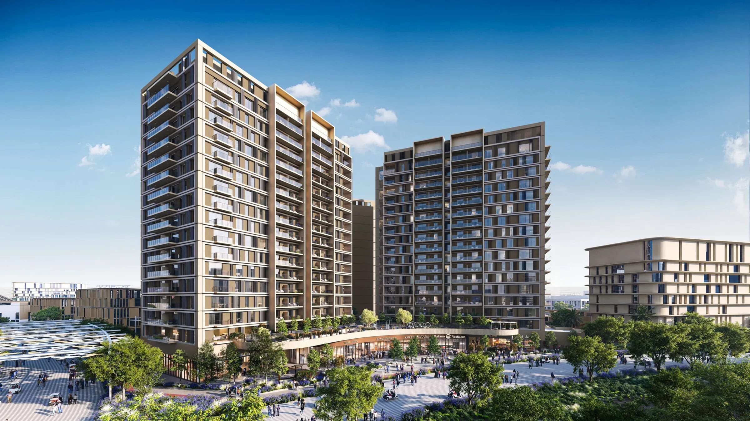 Render of the Sidr Residences apartment towers above a landscaped plaza in Expo City Dubai