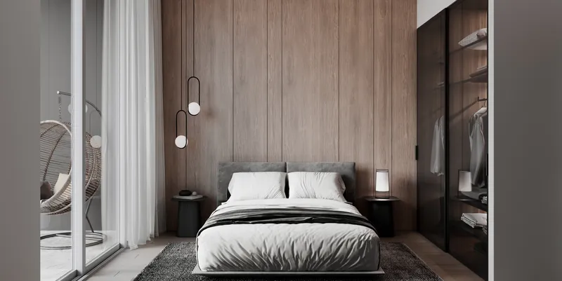 Bedroom in a Sila apartment with a timber-panelled wall and balcony access (developer render)