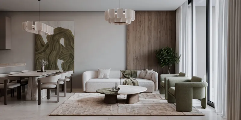 Living and dining area in a Sila apartment with timber wall panelling (developer render)