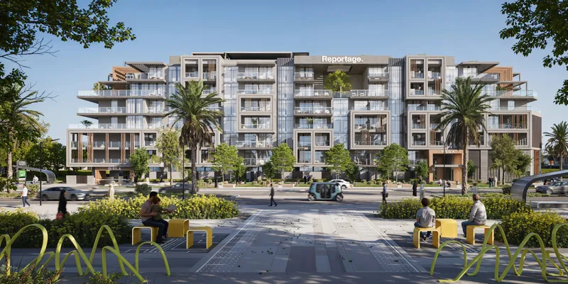 Front elevation of Sila with palm trees and a landscaped plaza with seating (developer render)