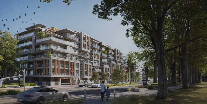 Sila's terraced facade behind tree-lined avenues in Masdar City (developer render)
