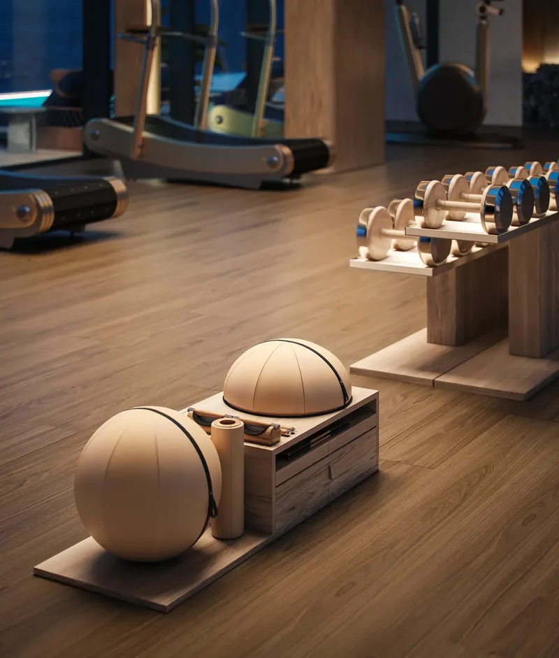 Render of the gym at Silena with treadmills and free weights