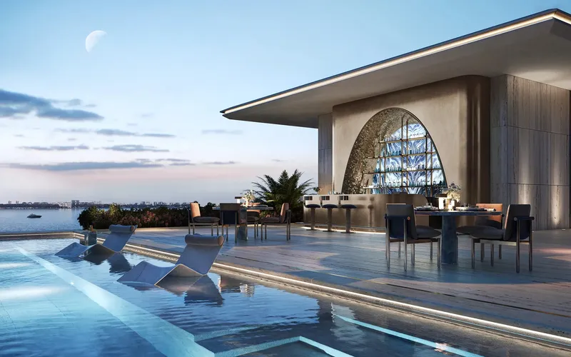 Render of the rooftop terrace and bar at Silena beside the infinity pool