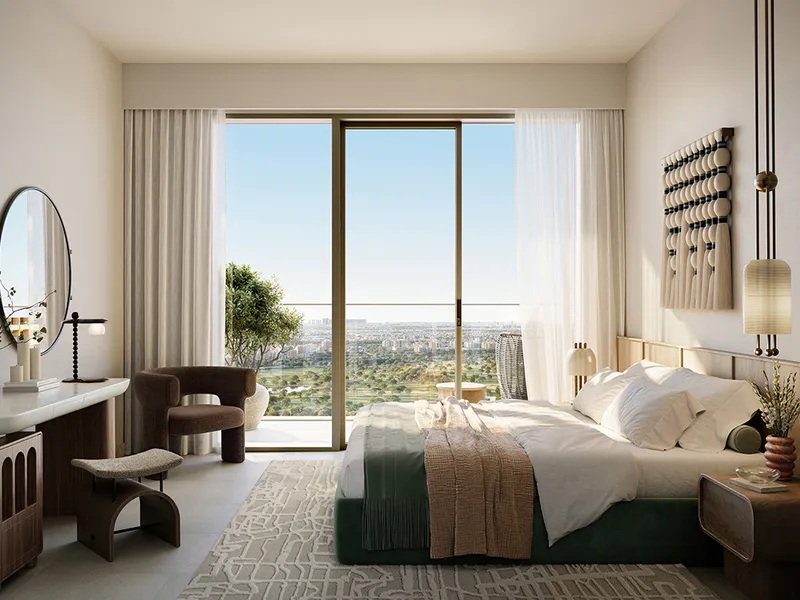 Interior render of a Silva bedroom opening onto a balcony