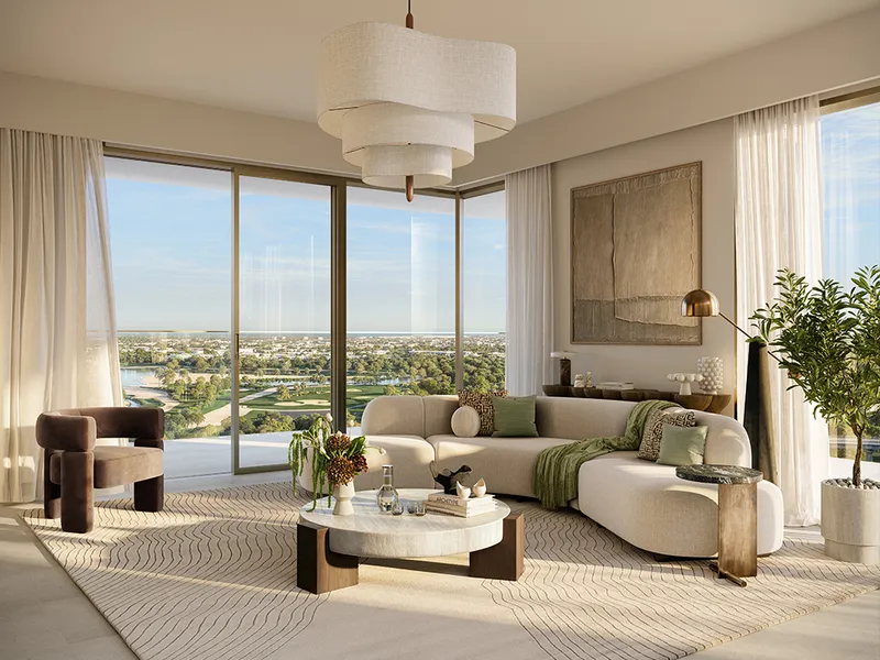 Interior render of a Silva living room with floor-to-ceiling windows and green views