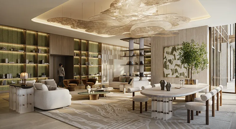 Interior render of the Silva lobby lounge with a sculptural ceiling light